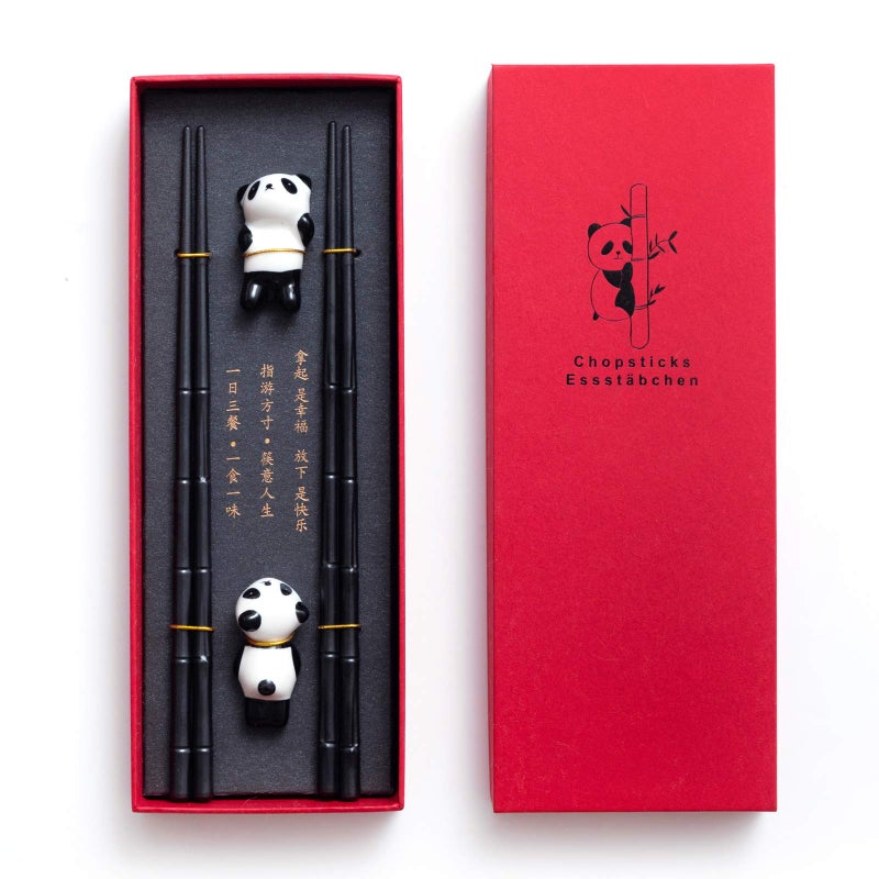 HauSun 2 Pairs Chopsticks and Chopstick Rest Gift Set- Dishwasher Safe Reusable Fiber Glass Chopsticks + Porcelain Cute Panda Chopstick Holder, Non-slip Chinese Japanese Style, Black - Image 1